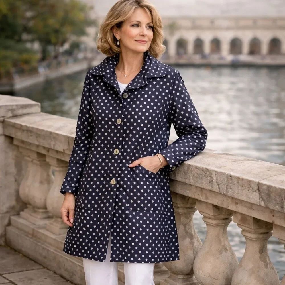 Neyelle Black Polka Dot Raincoat Jacket Button Front Lightweight Women L